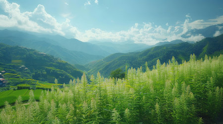 Cannabis or marijuana outdoors plantation growing on the mountains. Wide angle.の素材