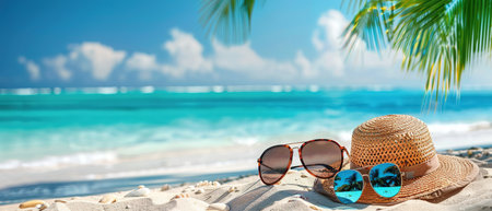 Sunglasses and a straw hat on a tropical sandy beach by the sea. The concept of summer holidays and vacations.の写真素材