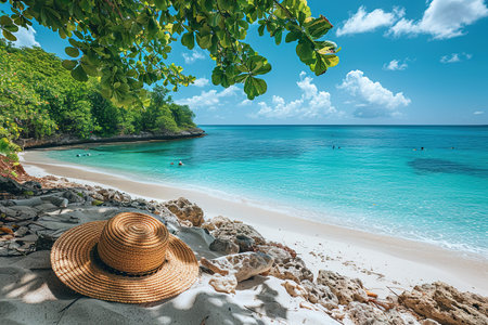 Sunglasses and a straw hat on a tropical sandy beach by the sea. The concept of summer holidays and vacations.の写真素材