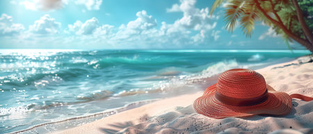 Sunglasses and a straw hat on a tropical sandy beach by the sea. The concept of summer holidays and vacations.の写真素材