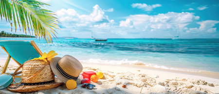 Sunglasses and a straw hat on a tropical sandy beach by the sea. The concept of summer holidays and vacations.の写真素材