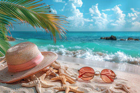 Sunglasses and a straw hat on a tropical sandy beach by the sea. The concept of summer holidays and vacations.の写真素材