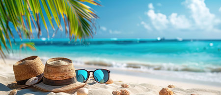 Sunglasses and a straw hat on a tropical sandy beach by the sea. The concept of summer holidays and vacations.の写真素材