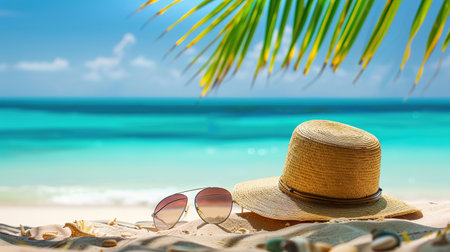 Sunglasses and a straw hat on a tropical sandy beach by the sea. The concept of summer holidays and vacations.の写真素材