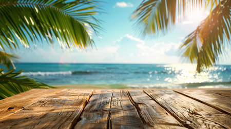 Empty wood table over blue sea, beach and palm leaves background in summer day. Background with copy space for product display.の写真素材