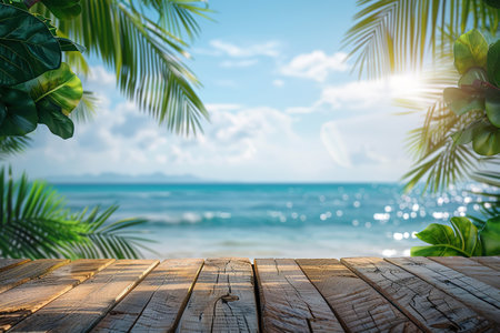 Empty wood table over blue sea, beach and palm leaves background in summer day. Background with copy space for product display.の写真素材