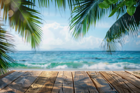 Empty wood table over blue sea, beach and palm leaves background in summer day. Background with copy space for product display.の写真素材