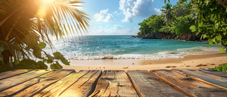 Empty wood table over blue sea, beach and palm leaves background in summer day. Background with copy space for product display.の写真素材