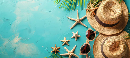 Summer vacation concept flat lay. Beach accessories on a blue background. Top view with copy space.の写真素材