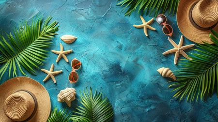 Summer vacation concept flat lay. Beach accessories on a blue background. Top view with copy space.の写真素材