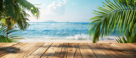 Empty wood table over blue sea, beach and palm leaves background in summer day. Background with copy space for product display.の写真素材