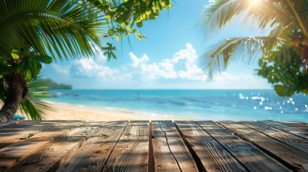 Empty wood table over blue sea, beach and palm leaves background in summer day. Background with copy space for product display.の写真素材