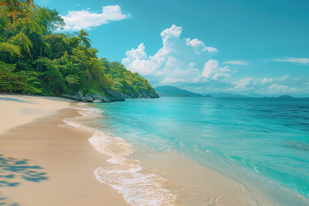 Paradise island beach. Tropical landscape of summer scene, sea waves. Sunny sand sky palm trees. Luxury travel vacation destination. Exotic tourism landscape. Amazing nature freedom coast Maldivesの写真素材