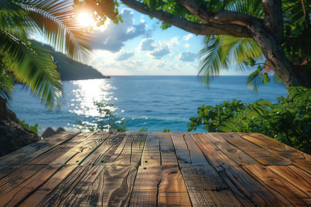 Empty wood table over blue sea, beach and palm leaves background in summer day. Background with copy space for product display.の写真素材