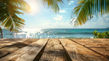 Empty wood table over blue sea, beach and palm leaves background in summer day. Background with copy space for product display.の写真素材