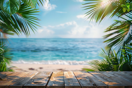 Empty wood table over blue sea, beach and palm leaves background in summer day. Background with copy space for product display.の写真素材