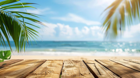 Empty wood table over blue sea, beach and palm leaves background in summer day. Background with copy space for product display.の写真素材