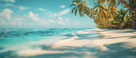 Paradise island beach. Tropical landscape of summer scene, sea waves. Sunny sand sky palm trees. Luxury travel vacation destination. Exotic tourism landscape. Amazing nature freedom coast Maldivesの写真素材
