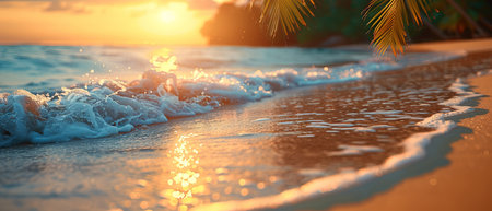 Paradise island beach. Tropical landscape of summer scene, sea waves. Sunny sand sky palm trees. Luxury travel vacation destination. Exotic tourism landscape. Amazing nature freedom coast Maldivesの写真素材