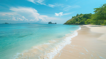 Paradise island beach. Tropical landscape of summer scene, sea waves. Sunny sand sky palm trees. Luxury travel vacation destination. Exotic tourism landscape. Amazing nature freedom coast Maldivesの写真素材