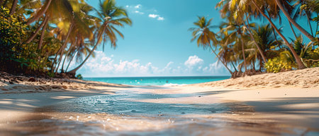 Paradise island beach. Tropical landscape of summer scene, sea waves. Sunny sand sky palm trees. Luxury travel vacation destination. Exotic tourism landscape. Amazing nature freedom coast Maldivesの写真素材