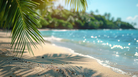 Paradise island beach. Tropical landscape of summer scene, sea waves. Sunny sand sky palm trees. Luxury travel vacation destination. Exotic tourism landscape. Amazing nature freedom coast Maldivesの写真素材