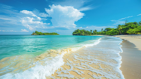 Paradise island beach. Tropical landscape of summer scene, sea waves. Sunny sand sky palm trees. Luxury travel vacation destination. Exotic tourism landscape. Amazing nature freedom coast Maldivesの写真素材