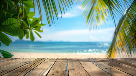Empty wood table over blue sea, beach and palm leaves background in summer day. Background with copy space for product display.の写真素材