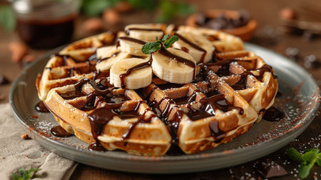 Breakfast waffles with bananas and chocolate sauce.の写真素材