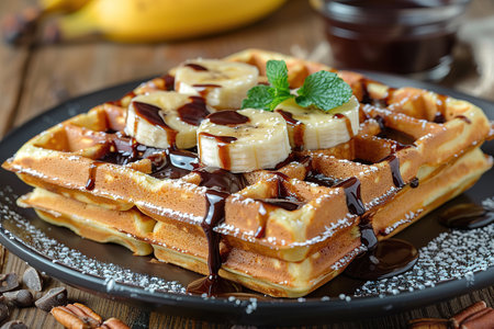 Breakfast waffles with bananas and chocolate sauce.の写真素材