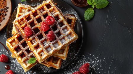 Belgian waffles with strawberries, blueberries and syrup, homemade healthy breakfast, toned image, selective focusの写真素材