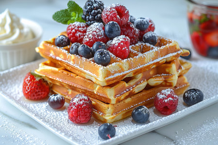 Belgian waffles with strawberries, blueberries and syrup, homemade healthy breakfast, toned image, selective focusの写真素材