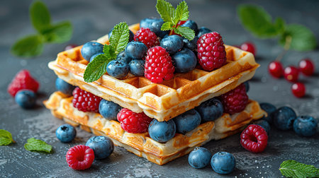 Belgian waffles with strawberries, blueberries and syrup, homemade healthy breakfast, toned image, selective focusの写真素材