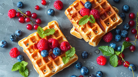 Belgian waffles with strawberries, blueberries and syrup, homemade healthy breakfast, toned image, selective focusの写真素材