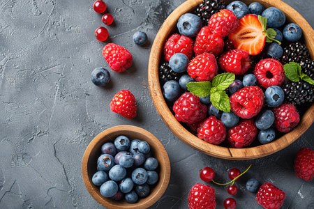 A beautifully crafted wooden bowl brimming with a mix of delicious raspberries, blueberries, and blackberries, a delightful sight of natures bountyの写真素材