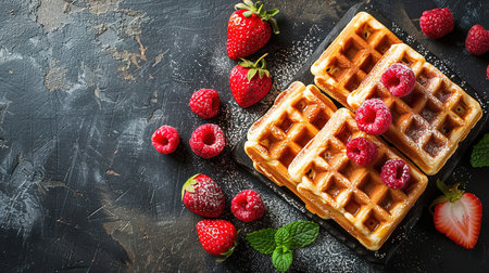 Belgian waffles with strawberries, blueberries and syrup, homemade healthy breakfast, toned image, selective focusの写真素材