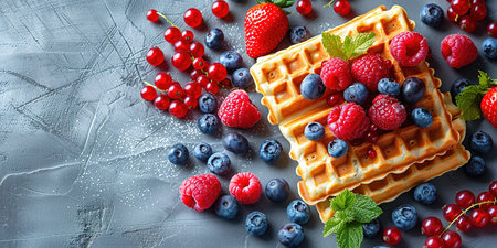 Belgian waffles with strawberries, blueberries and syrup, homemade healthy breakfast, toned image, selective focusの写真素材