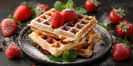 Belgian waffles with strawberries, blueberries and syrup, homemade healthy breakfast, toned image, selective focusの写真素材