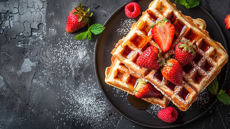 Belgian waffles with strawberries, blueberries and syrup, homemade healthy breakfast, toned image, selective focusの写真素材