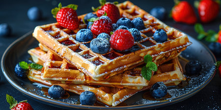 Belgian waffles with strawberries, blueberries and syrup, homemade healthy breakfast, toned image, selective focusの写真素材