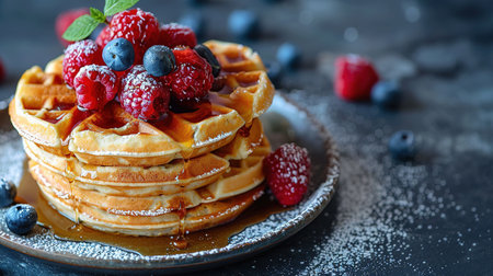 Belgian waffles with strawberries, blueberries and syrup, homemade healthy breakfast, toned image, selective focusの写真素材