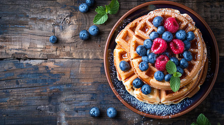 Belgian waffles with strawberries, blueberries and syrup, homemade healthy breakfast, toned image, selective focusの写真素材