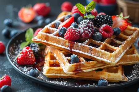 Belgian waffles with strawberries, blueberries and syrup, homemade healthy breakfast, toned image, selective focusの写真素材