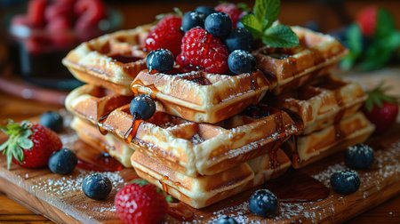 Belgian waffles with strawberries, blueberries and syrup, homemade healthy breakfast, toned image, selective focusの写真素材