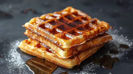 Belgian waffles with strawberries, blueberries and syrup, homemade healthy breakfast, toned image, selective focusの写真素材