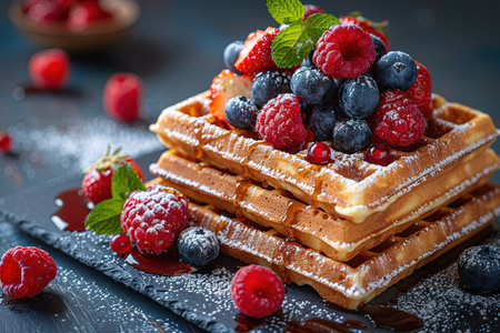 Belgian waffles with strawberries, blueberries and syrup, homemade healthy breakfast, toned image, selective focusの写真素材