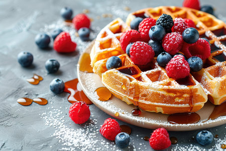Belgian waffles with strawberries, blueberries and syrup, homemade healthy breakfast, toned image, selective focusの写真素材