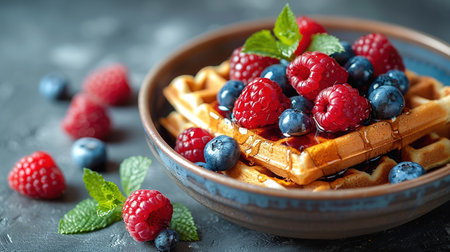 Belgian waffles with strawberries, blueberries and syrup, homemade healthy breakfast, toned image, selective focusの写真素材