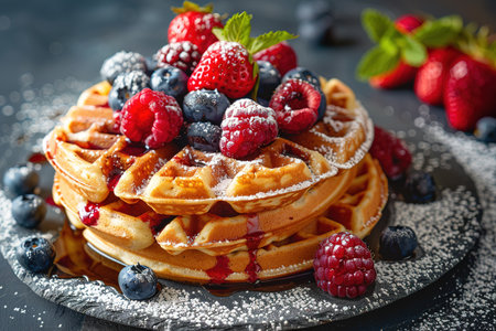 Belgian waffles with strawberries, blueberries and syrup, homemade healthy breakfast, toned image, selective focusの写真素材