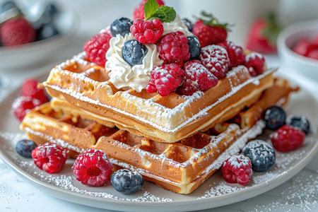 Belgian waffles with strawberries, blueberries and syrup, homemade healthy breakfast, toned image, selective focusの写真素材